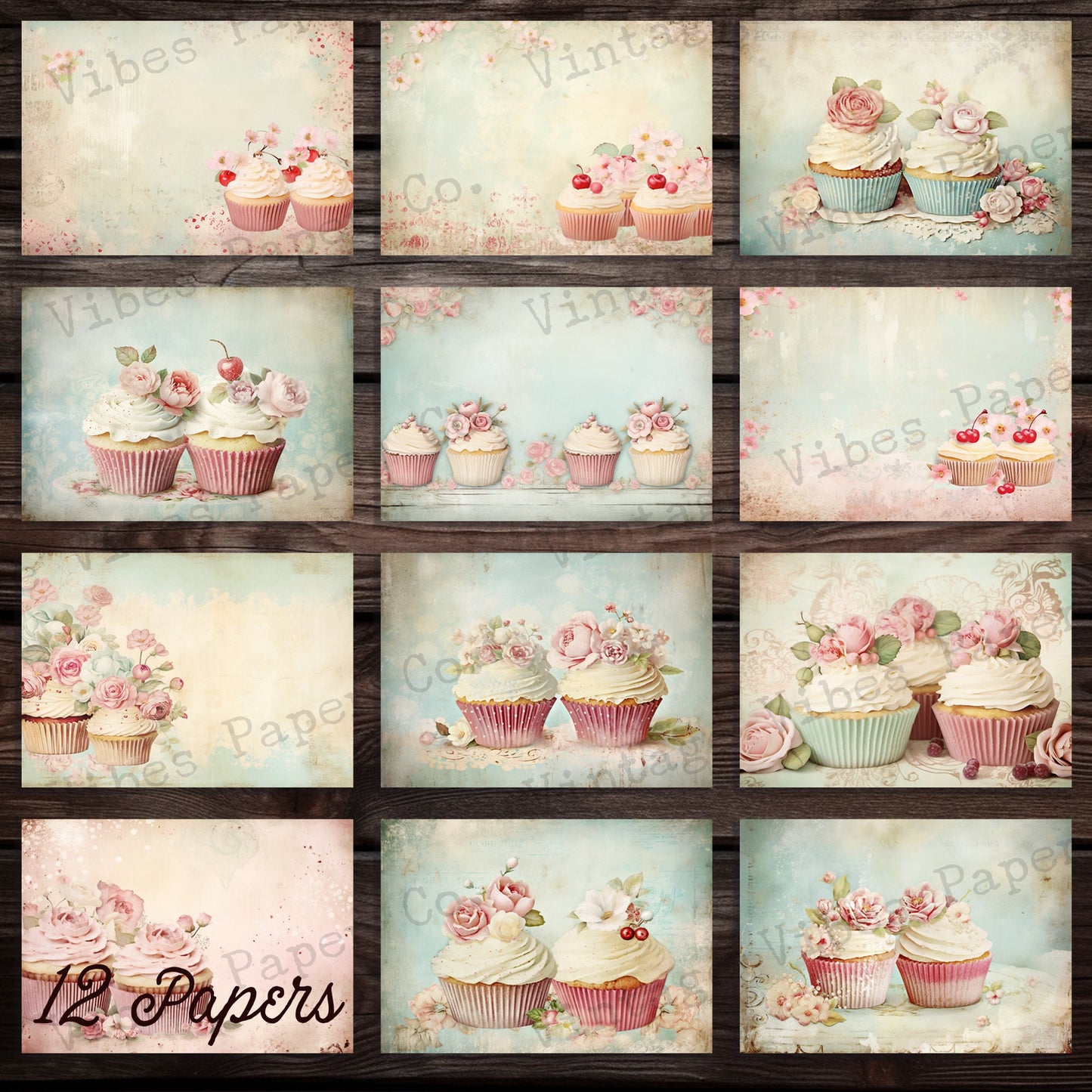 shabby chic cupcakes vintage style printable junk journal papers, instant download digital paper pack for junk journals, scrapbooking & more