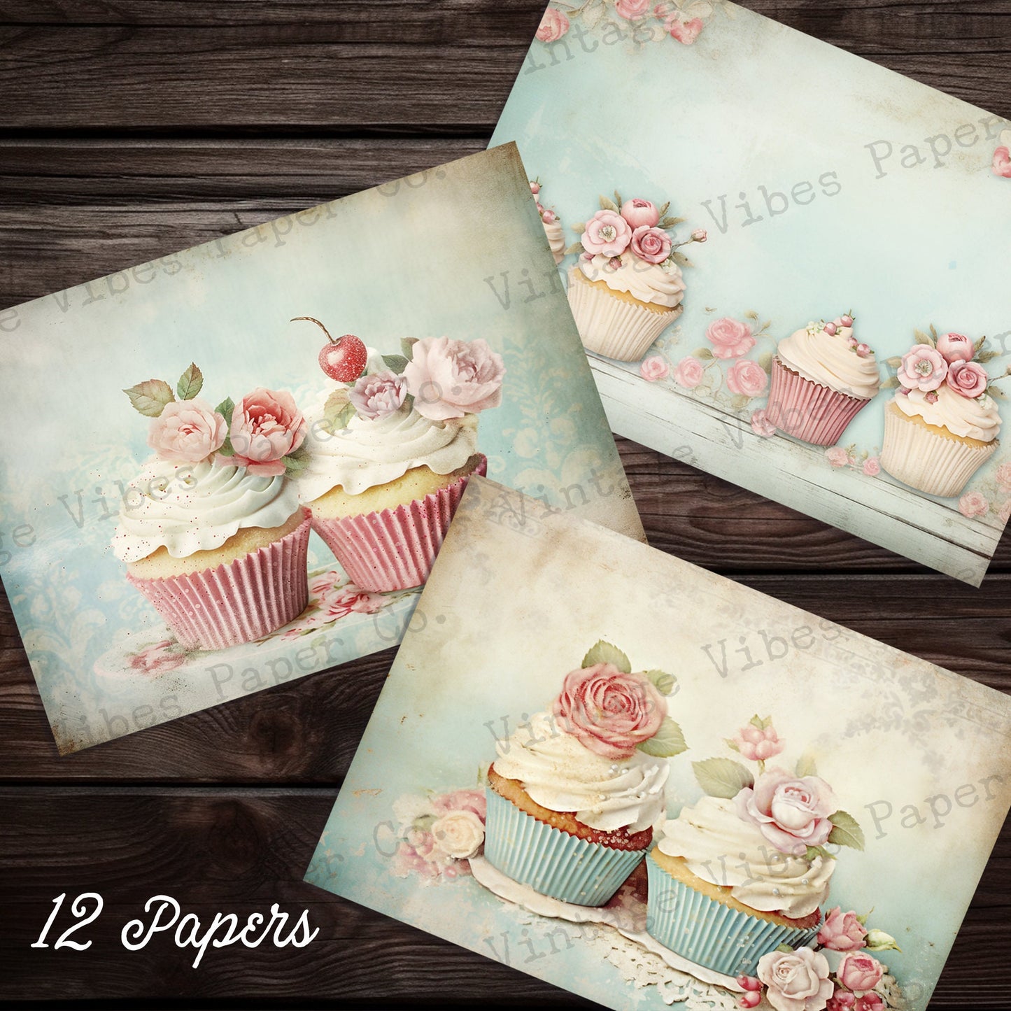 shabby chic cupcakes vintage style printable junk journal papers, instant download digital paper pack for junk journals, scrapbooking & more