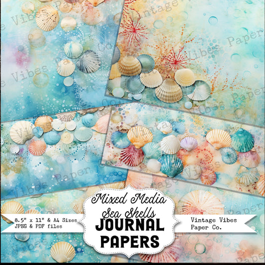 mixed media sea shells Junk journal papers, instant download digital printable papers for scrapbooking, journaling and cards, mixed media