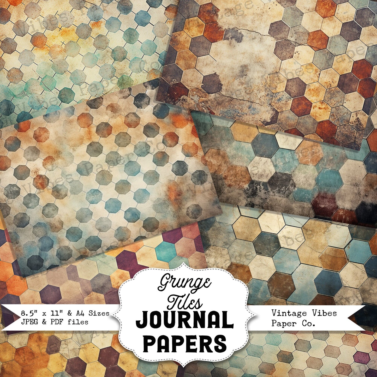 Grunge Tiles Junk journal digital paper pack, instant download printable journaling & scrapbook papers, mixed media collage backgrounds