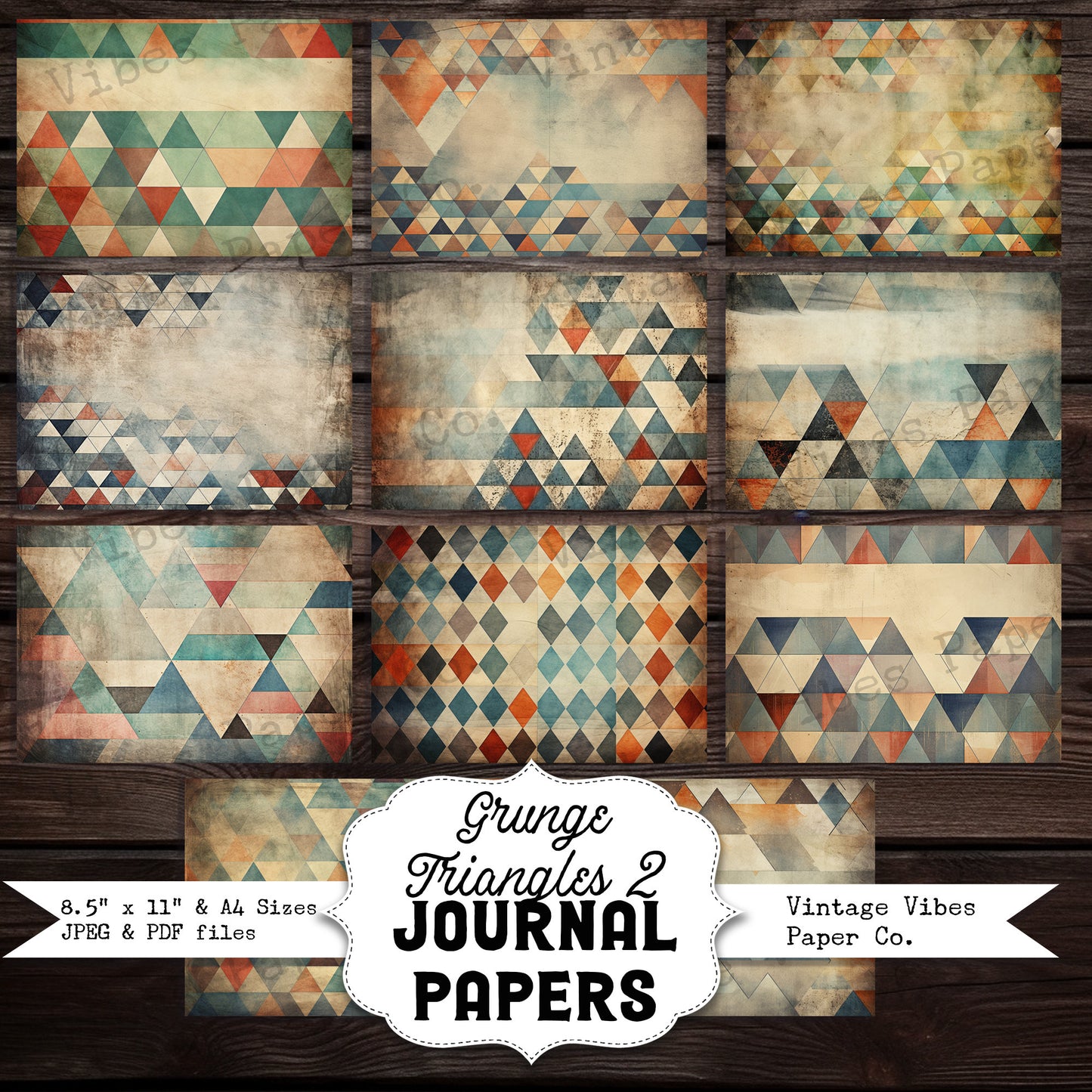 Grunge Tringles Junk journal digital paper pack, instant download printable journaling & scrapbook papers, mixed media collage backgrounds