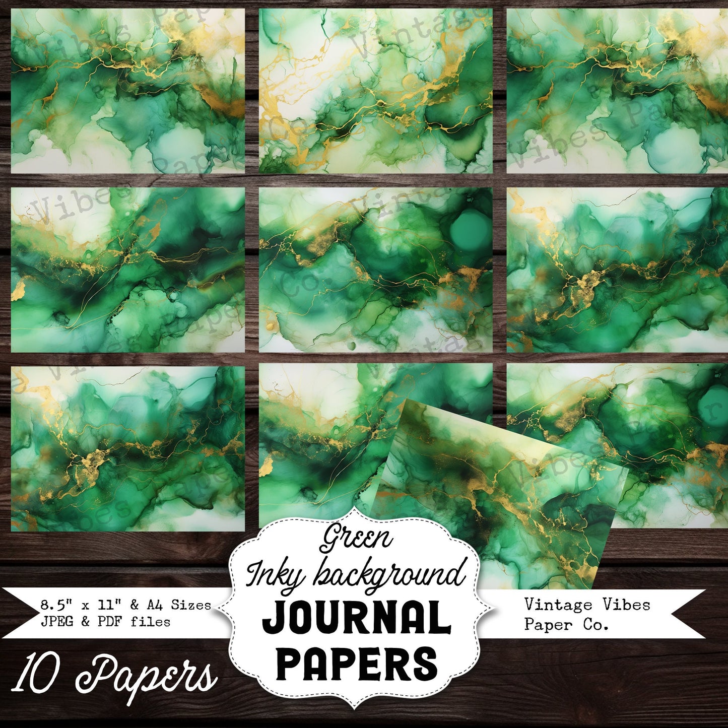 Green Inky background papers, Marbled ink junk journal papers for scrapbooking and journaling supplies, instant download printable papers