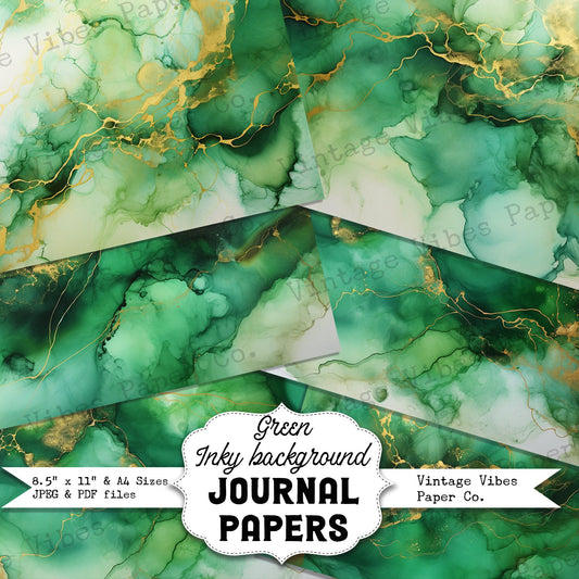 Green Inky background papers, Marbled ink junk journal papers for scrapbooking and journaling supplies, instant download printable papers