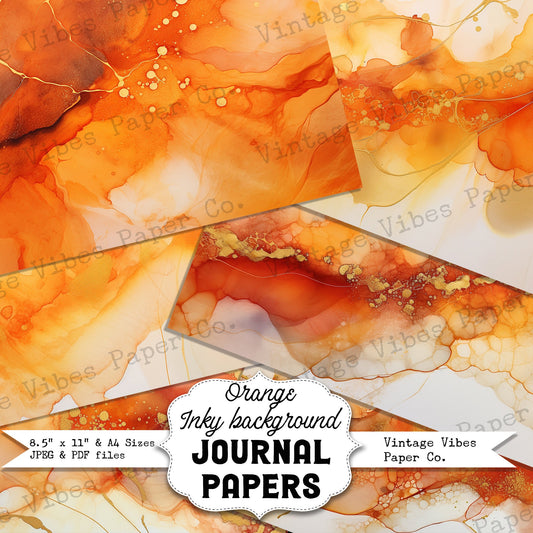 Orange Inky background papers, Marbled ink junk journal papers for scrapbooking and journaling supplies, instant download printable papers