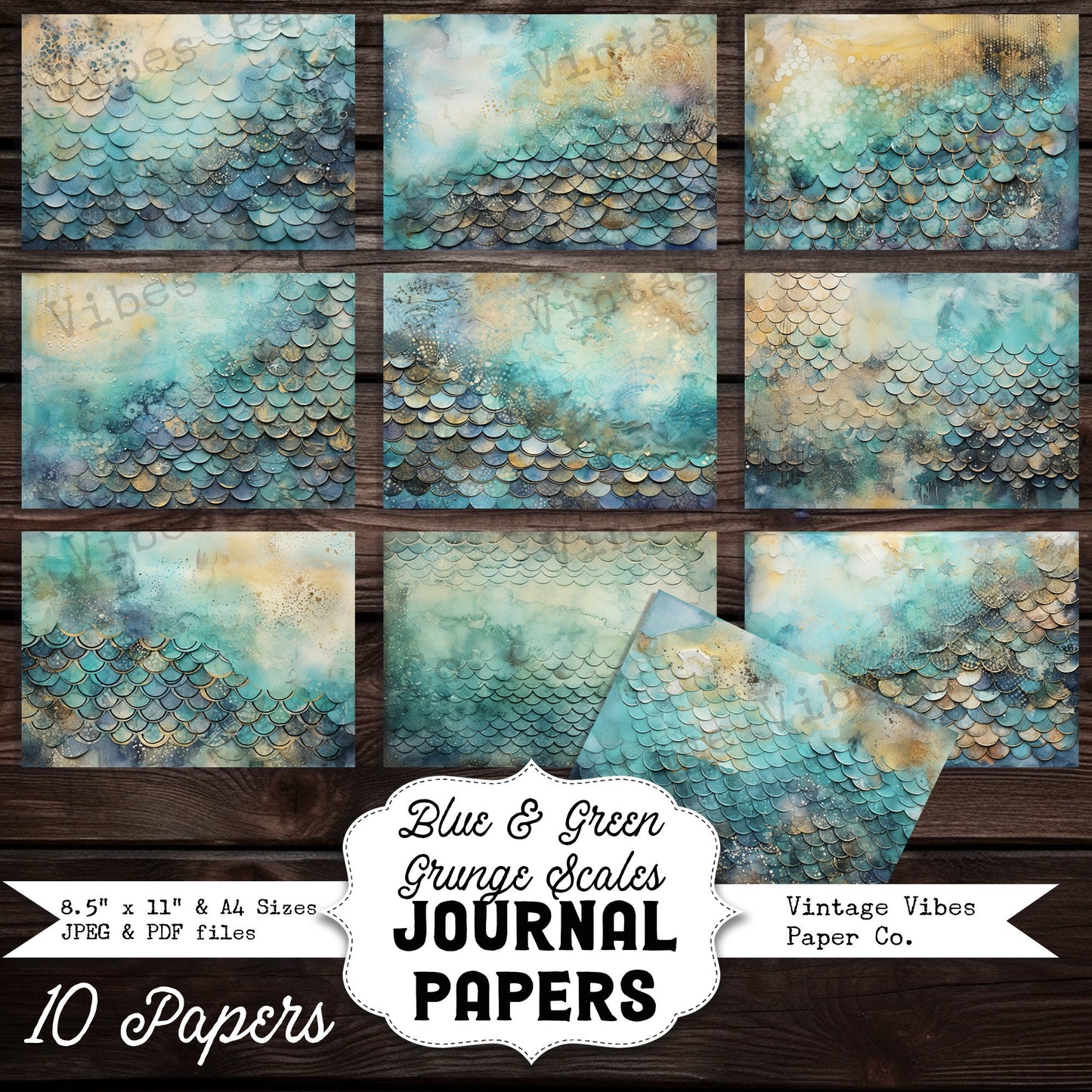 Blue & Green Grunge scales mixed media junk journal digital papers, instant download print at home scrapbooking, collage grungy background