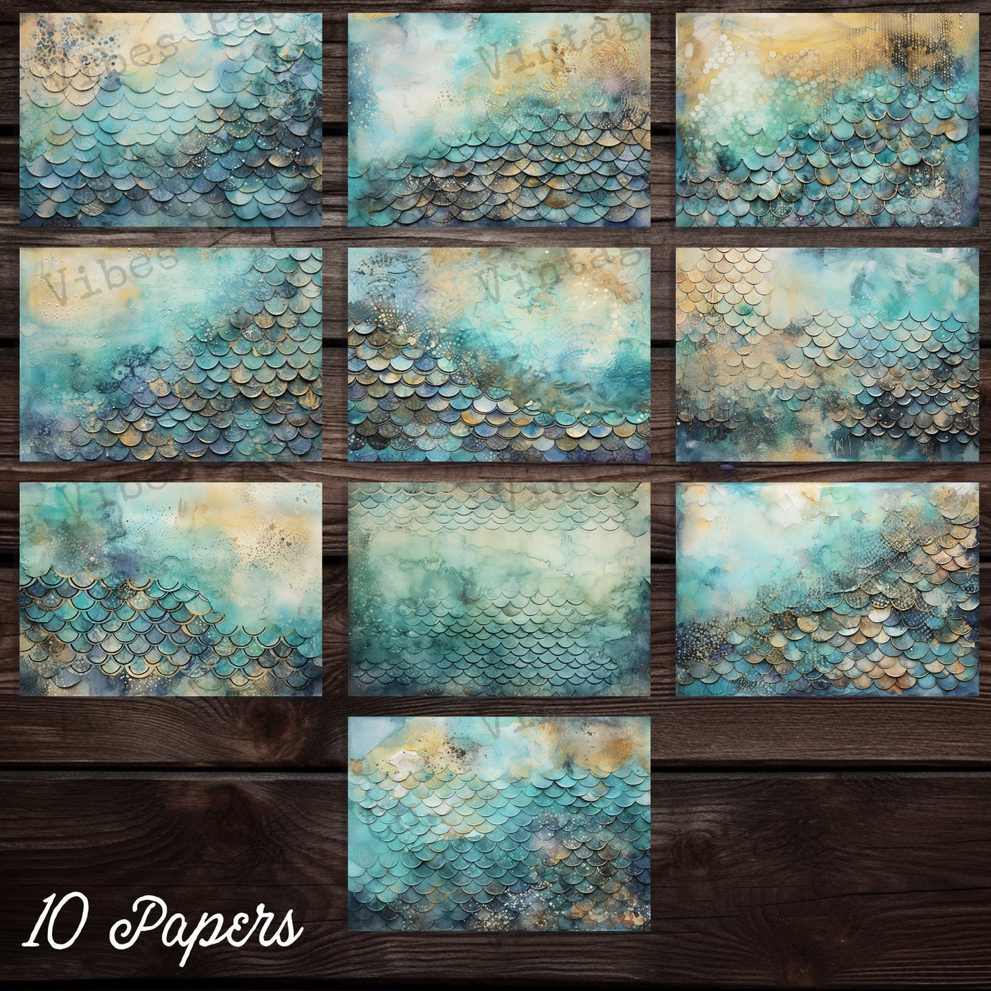 Blue & Green Grunge scales mixed media junk journal digital papers, instant download print at home scrapbooking, collage grungy background