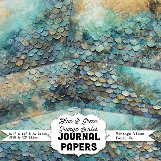 Blue & Green Grunge scales mixed media junk journal digital papers, instant download print at home scrapbooking, collage grungy background