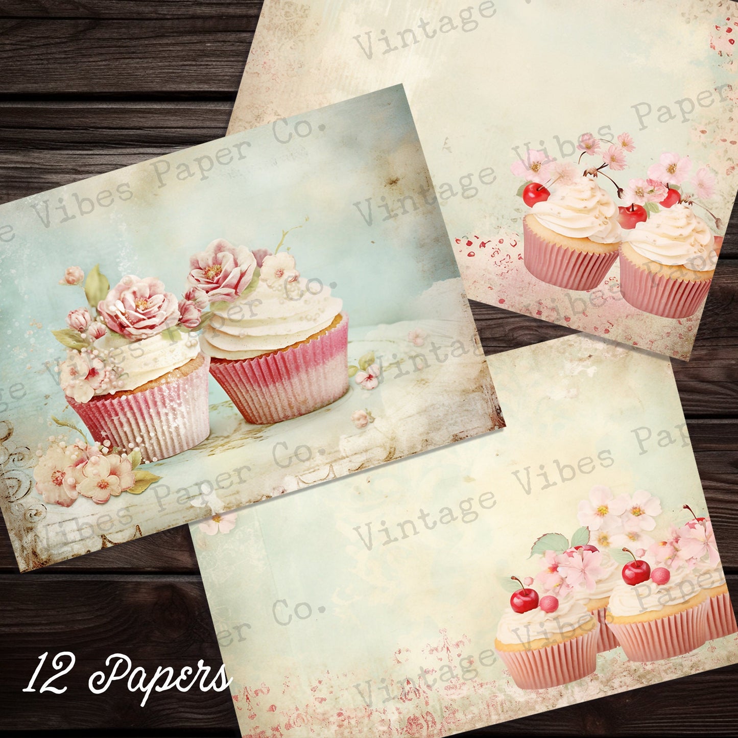 shabby chic cupcakes vintage style printable junk journal papers, instant download digital paper pack for junk journals, scrapbooking & more