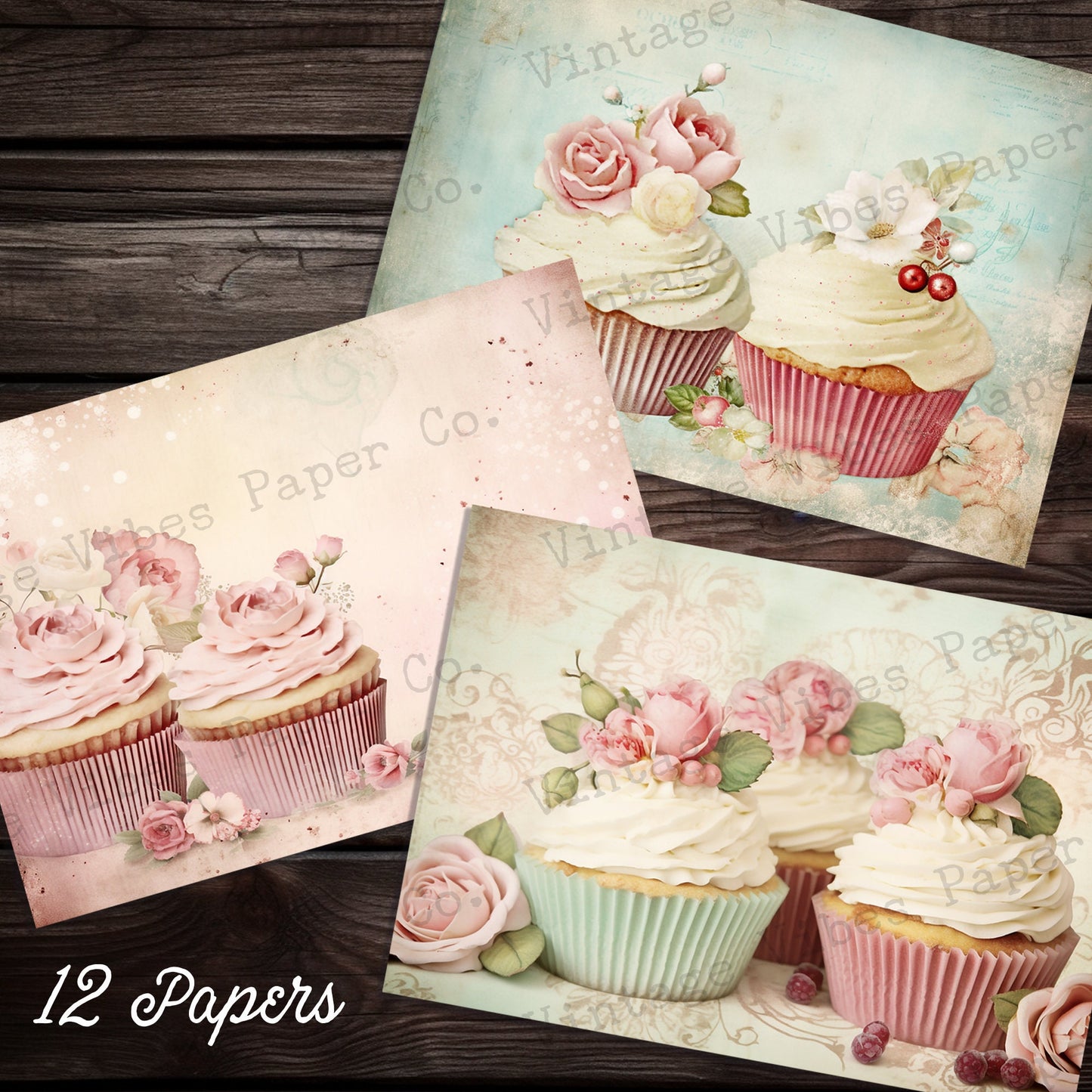 shabby chic cupcakes vintage style printable junk journal papers, instant download digital paper pack for junk journals, scrapbooking & more