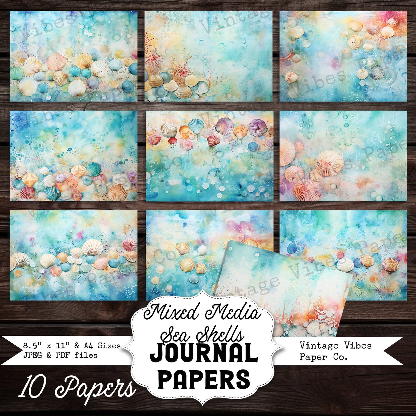 mixed media sea shells Junk journal papers, instant download digital printable papers for scrapbooking, journaling and cards, mixed media