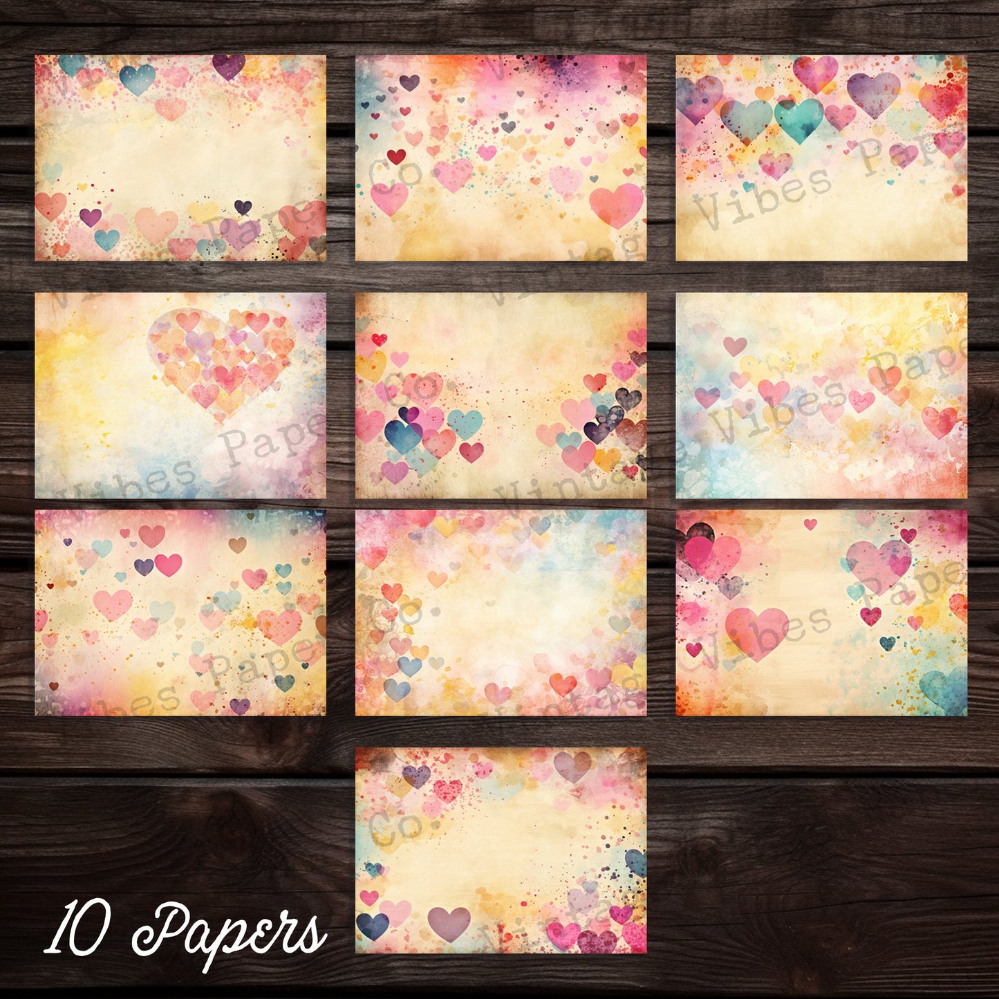 watercolour hearts printable junk journal paper kit, neutral tones mixed media watercolour style printable pages for junk journaling project