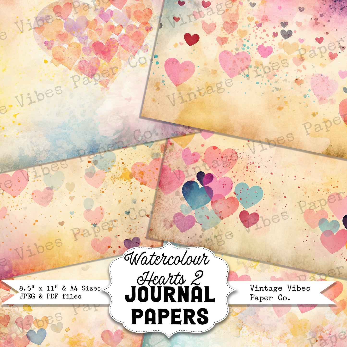 watercolour hearts printable junk journal paper kit, neutral tones mixed media watercolour style printable pages for junk journaling project