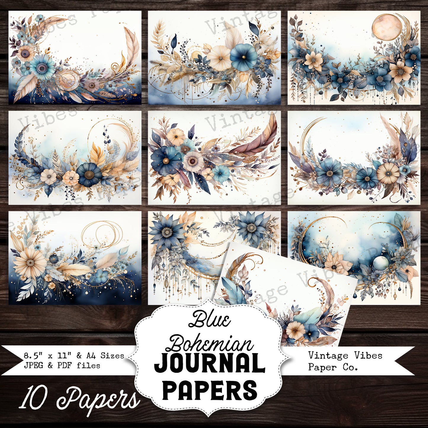 Blue Bohemian Junk journal Papers, floral feather blue theme junk journal digital printable paper pack, Jpeg, pdf scrapbook papers