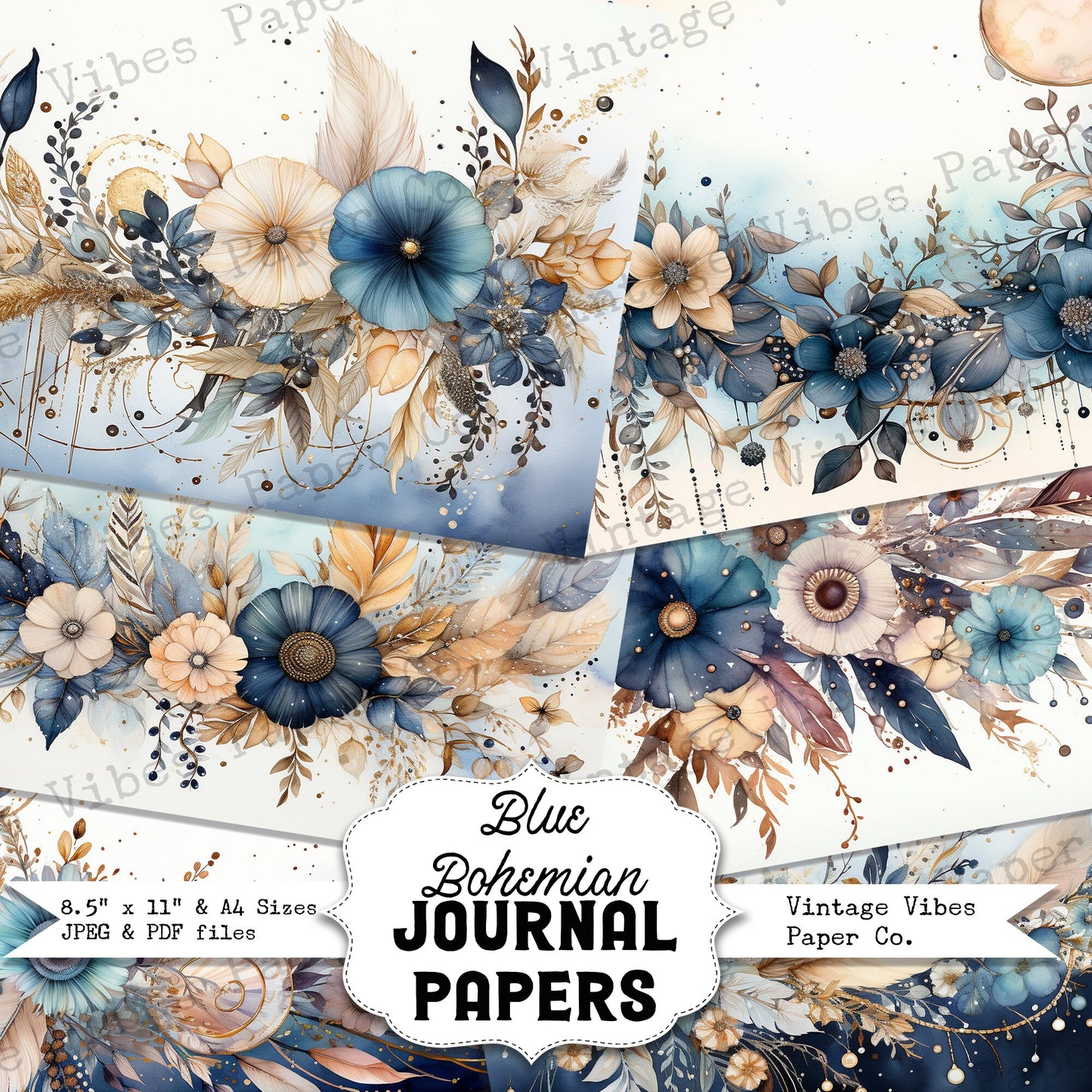 Blue Bohemian Junk journal Papers, floral feather blue theme junk journal digital printable paper pack, Jpeg, pdf scrapbook papers