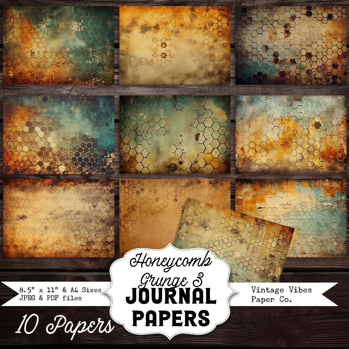 honeycomb Grunge 3 Junk journal digital papers, hexagon textured bee themed background papers for scrapbooking, card making, collage & more