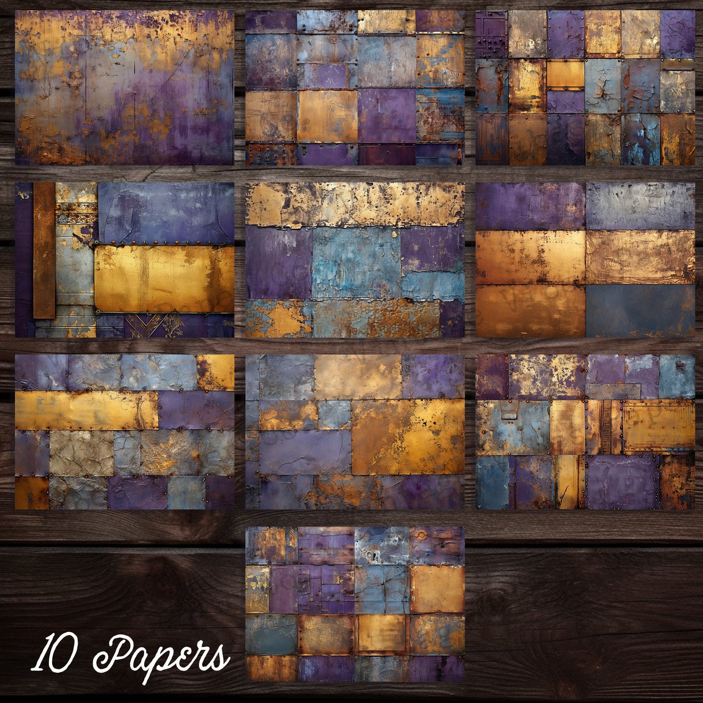 Junk journal printable papers Grunge Purple Metal, distress mixed media digital background papers for junk journals, collage and mixed media