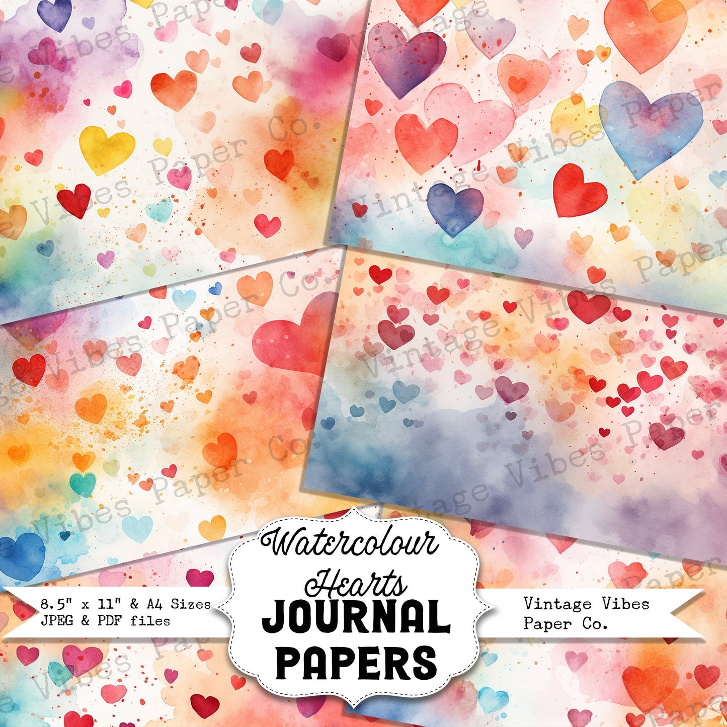 watercolour hearts junk journal printable paper, instant download digital papers kit for scrapbooking, journaling & mixed media collage