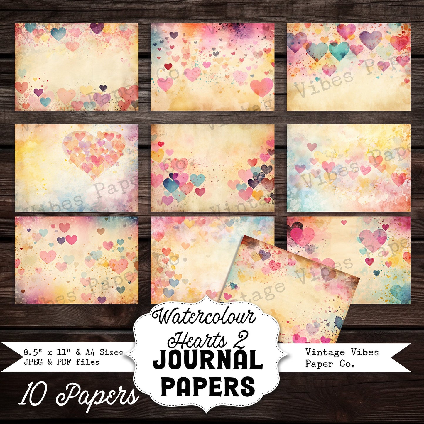 watercolour hearts printable junk journal paper kit, neutral tones mixed media watercolour style printable pages for junk journaling project