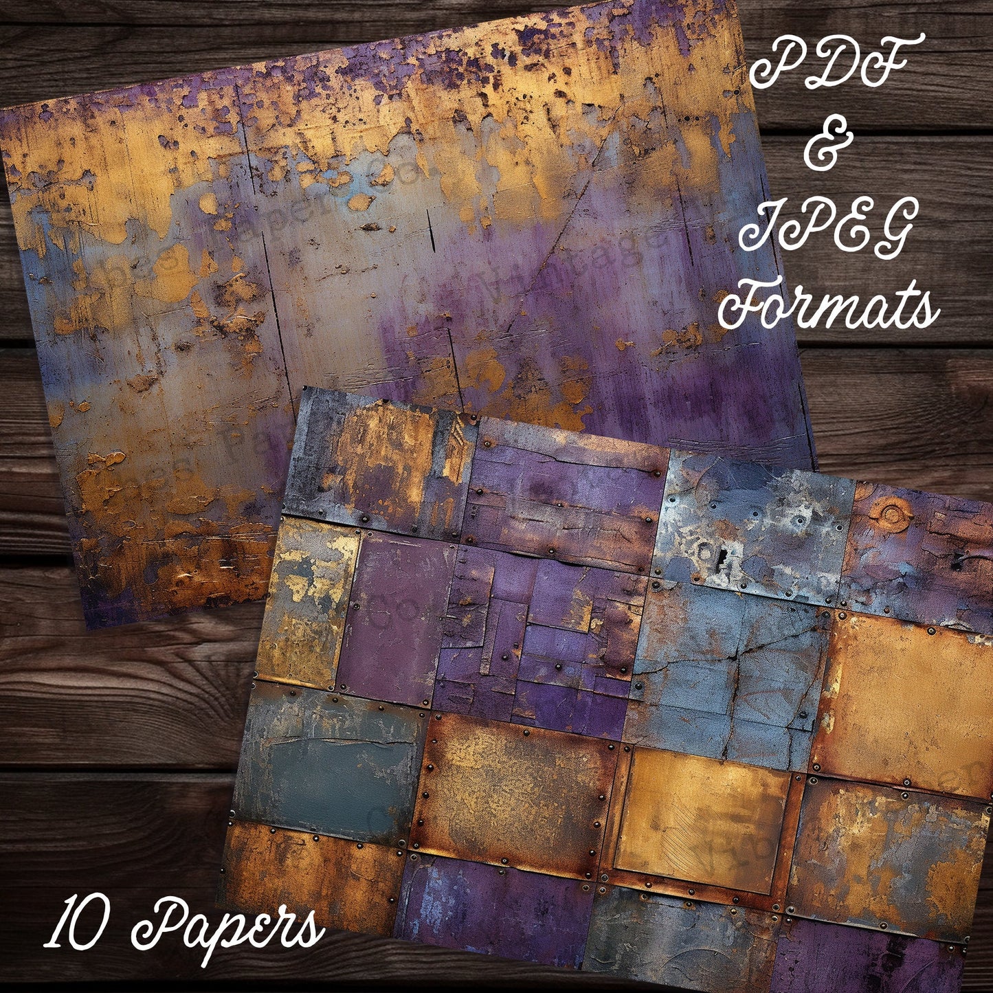 Junk journal printable papers Grunge Purple Metal, distress mixed media digital background papers for junk journals, collage and mixed media