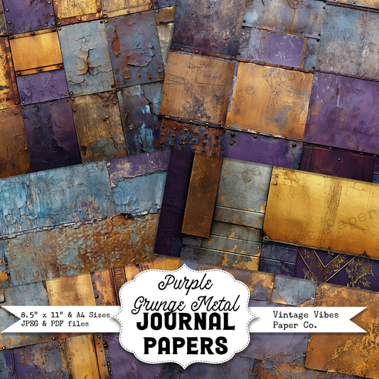 Junk journal printable papers Grunge Purple Metal, distress mixed media digital background papers for junk journals, collage and mixed media