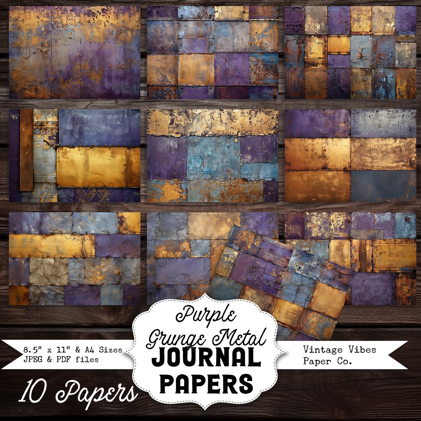 Junk journal printable papers Grunge Purple Metal, distress mixed media digital background papers for junk journals, collage and mixed media