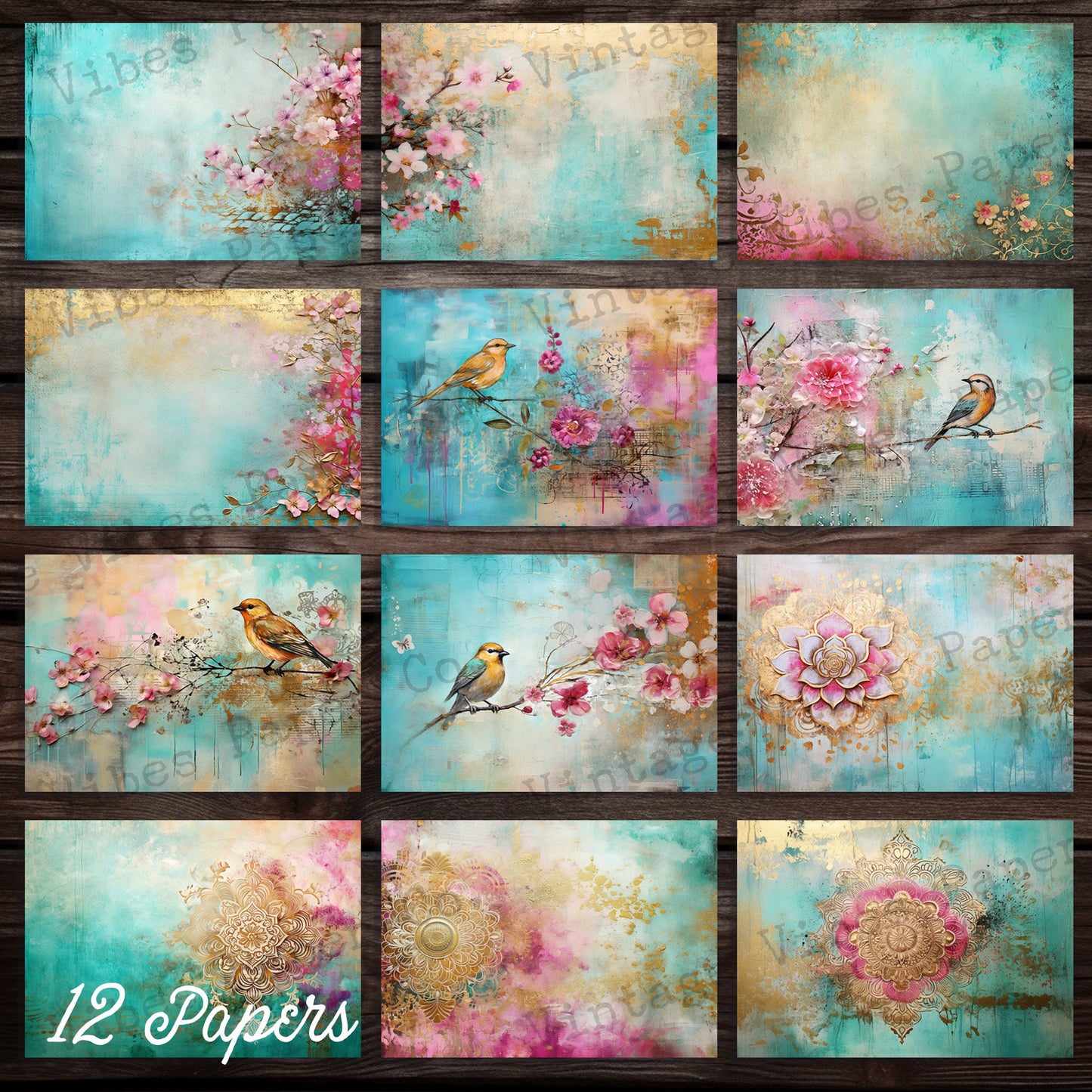 Junk journal printable papers Teal & Pink Mixed media distress digital background papers for junk journals, collage and more, birds, floral