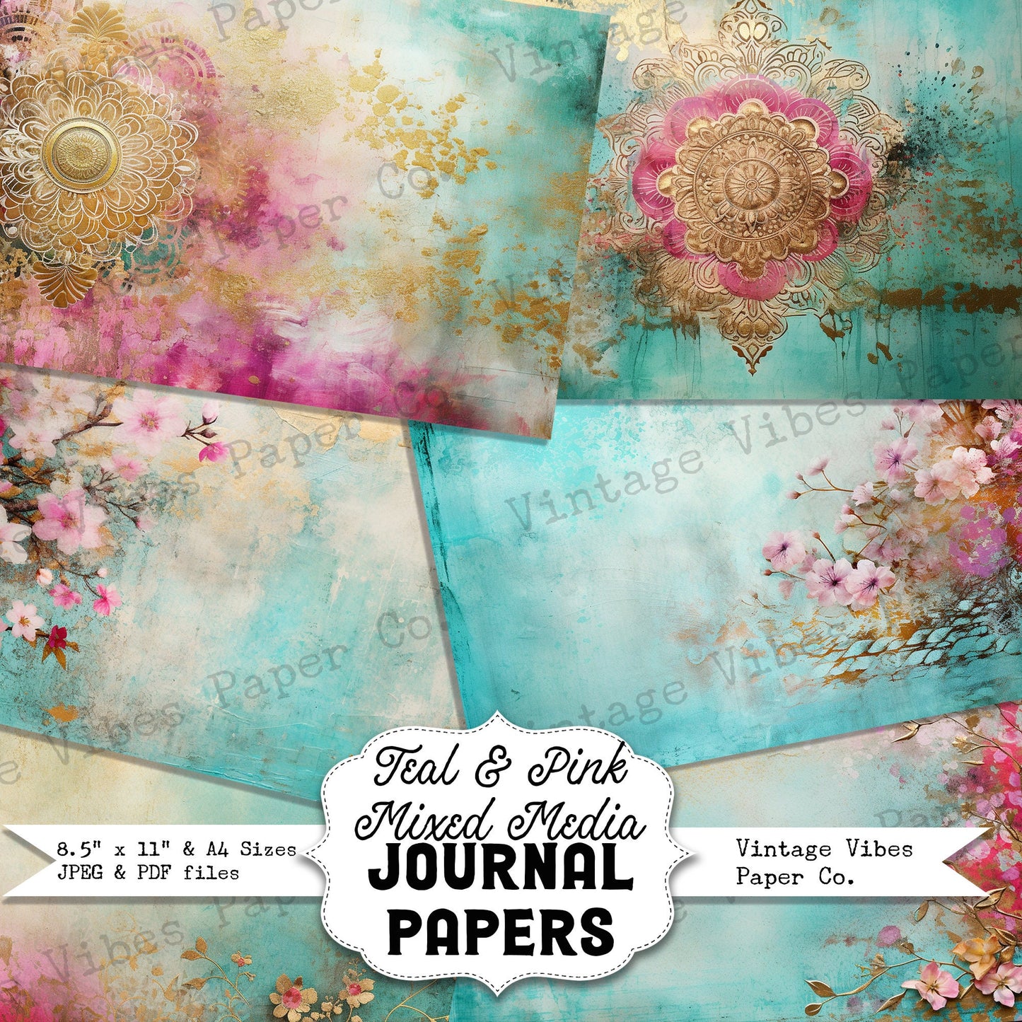 Junk journal printable papers Teal & Pink Mixed media distress digital background papers for junk journals, collage and more, birds, floral