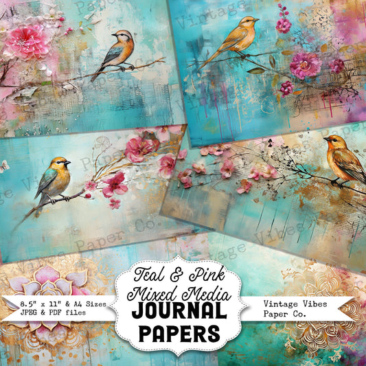 Junk journal printable papers Teal & Pink Mixed media distress digital background papers for junk journals, collage and more, birds, floral