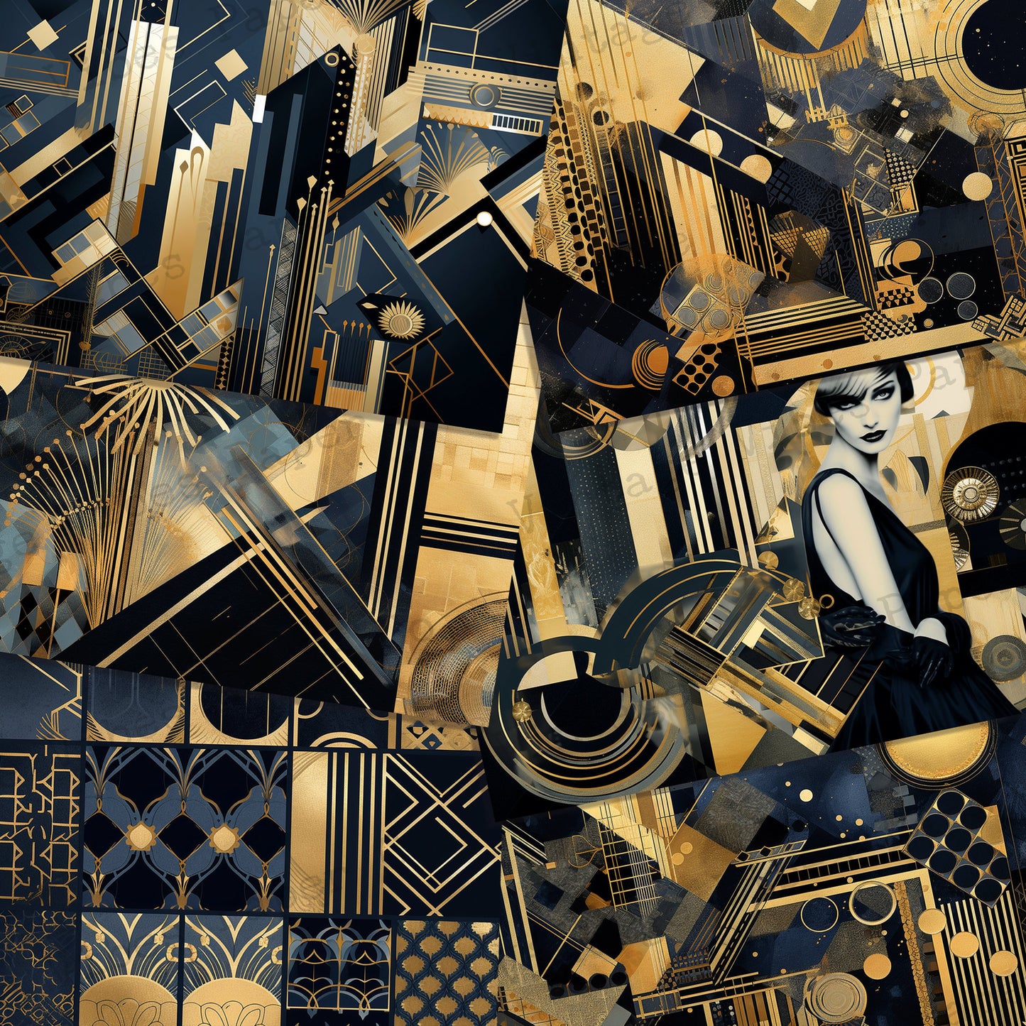 Vintage Navy & Gold Art deco style Junk journal digital papers, 1920's Vintage themed background papers for scrapbooking, collage and more