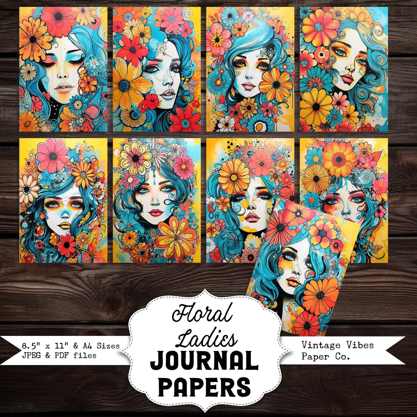 floral ladies retro 70's style floral art journal background papers, retro vintage junk journal flower print bright coloured junk journal