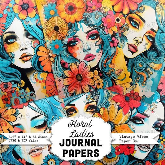 floral ladies retro 70's style floral art journal background papers, retro vintage junk journal flower print bright coloured junk journal