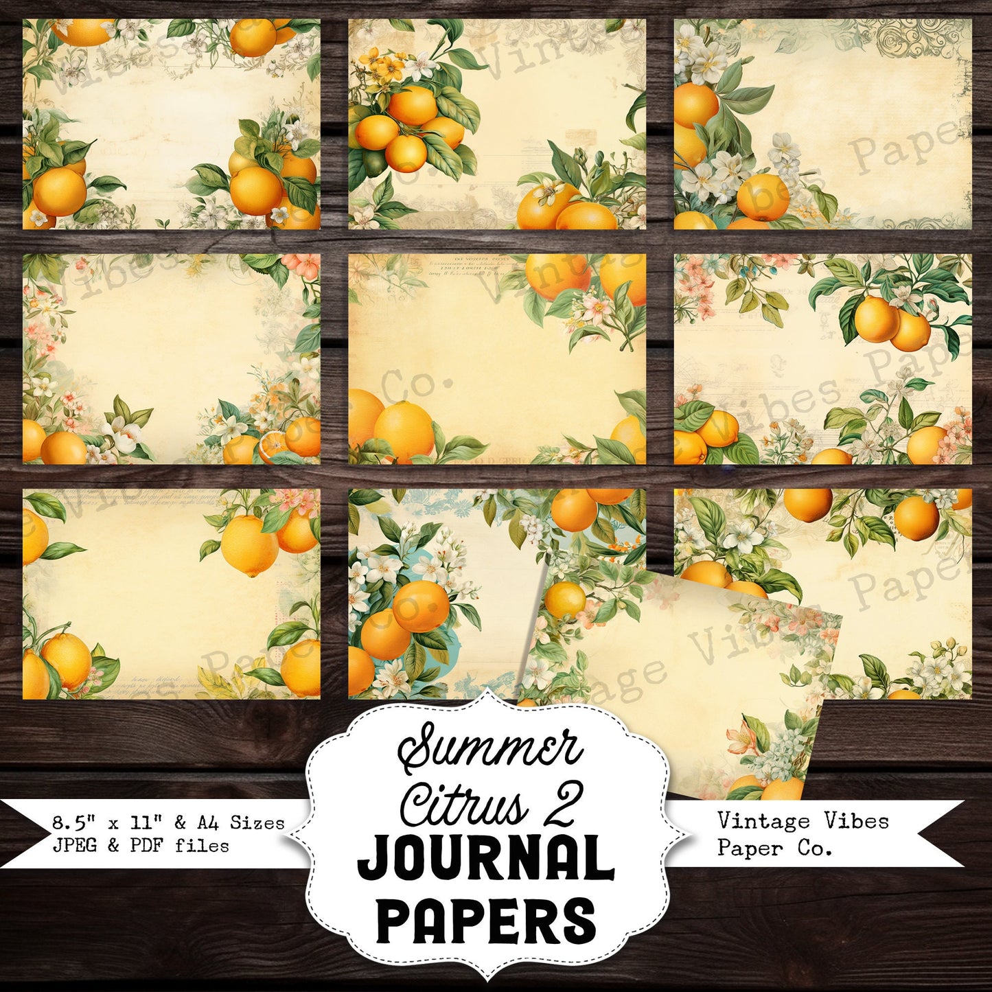 Vintage Summer Citrus Lemon floral Junk journal digital papers, Spring Vintage themed background papers for scrapbooking & card making