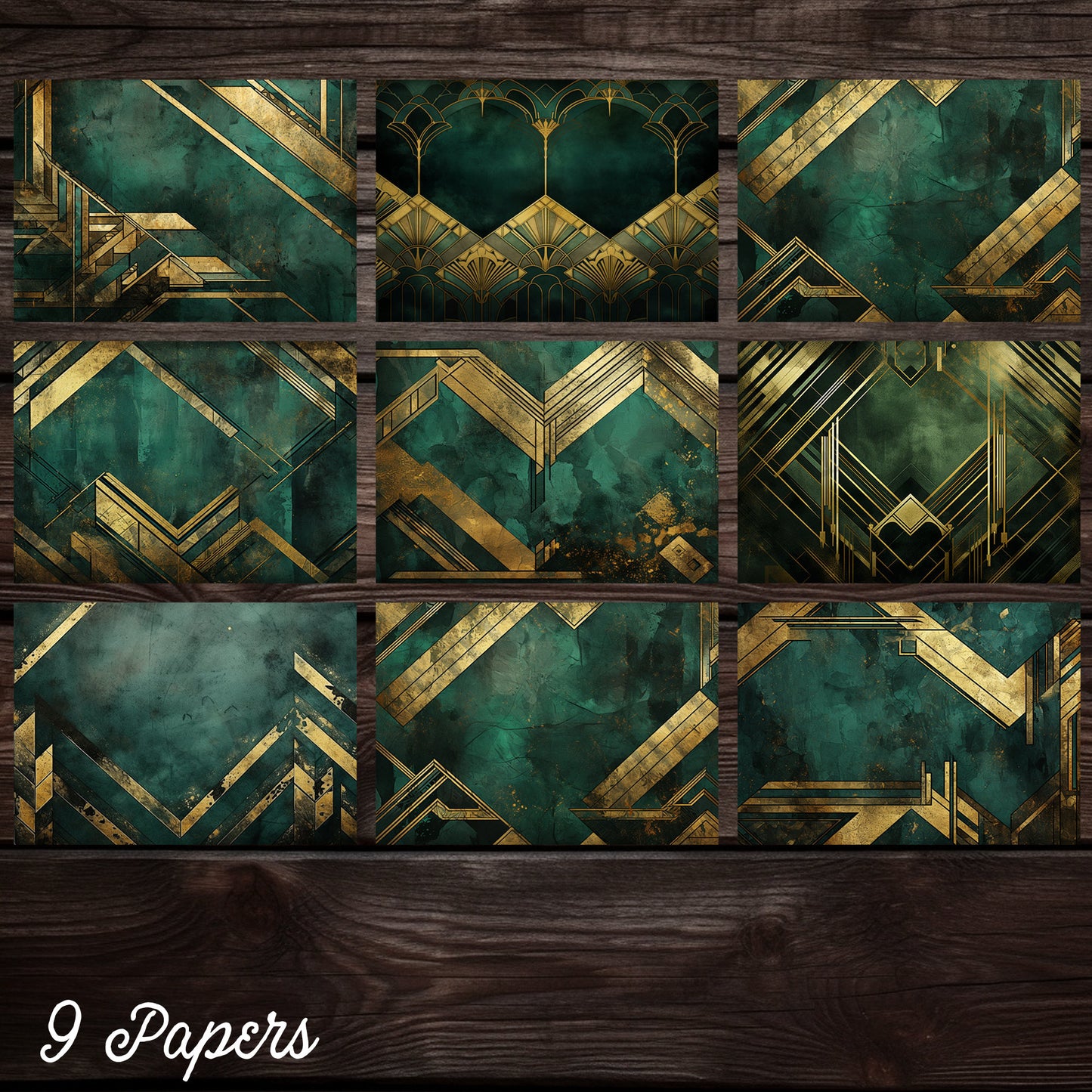 Green & Gold Grunge Art deco style Junk journal digital papers, 1920's Vintage themed background papers for scrapbooking, collage and more