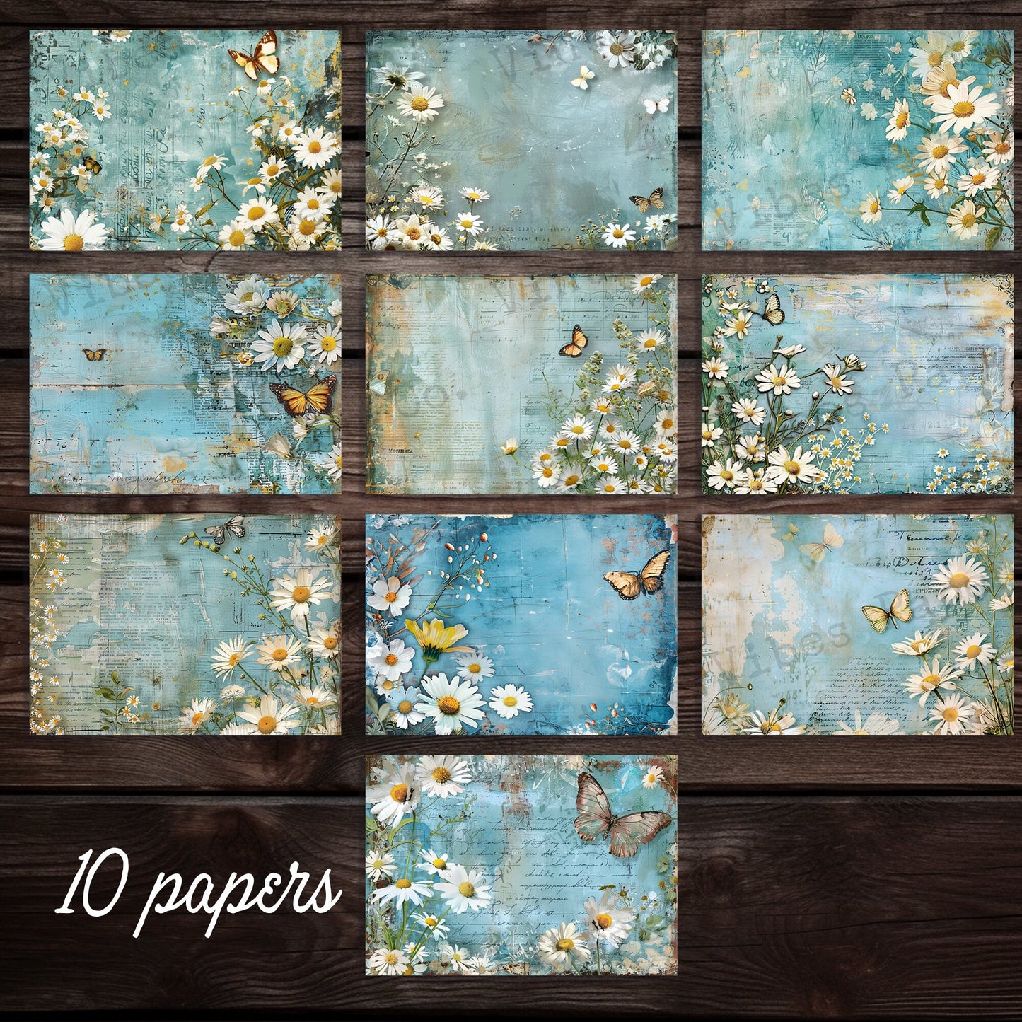 Blue Vintage Daisy Junk journal digital printable papers, instant download grunge style blue floral themed journal pages, 10 page kit PDF