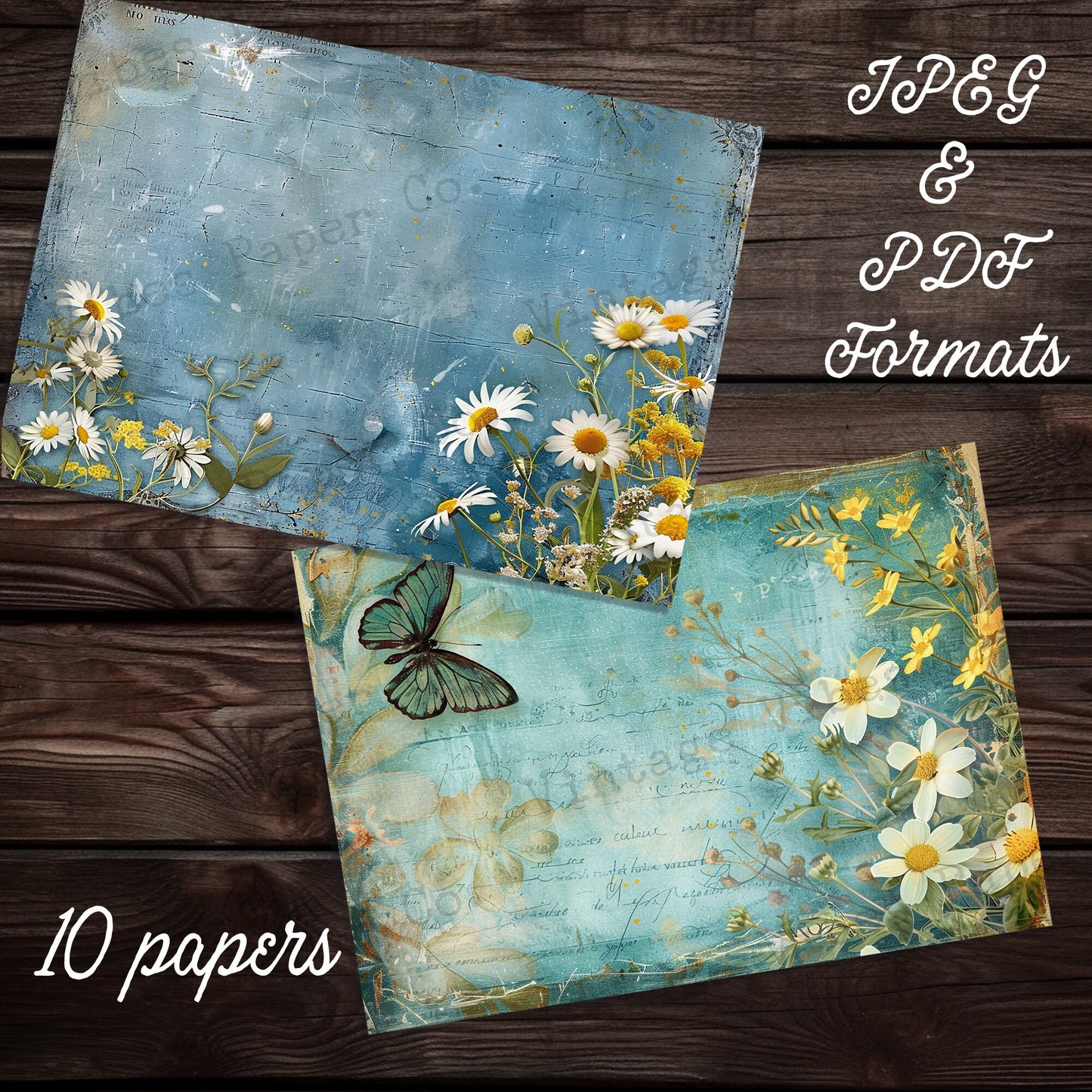 Blue Vintage Daisy 2 Junk journal digital printable papers, instant download grunge style blue floral themed journal pages, 10 page kit PDF