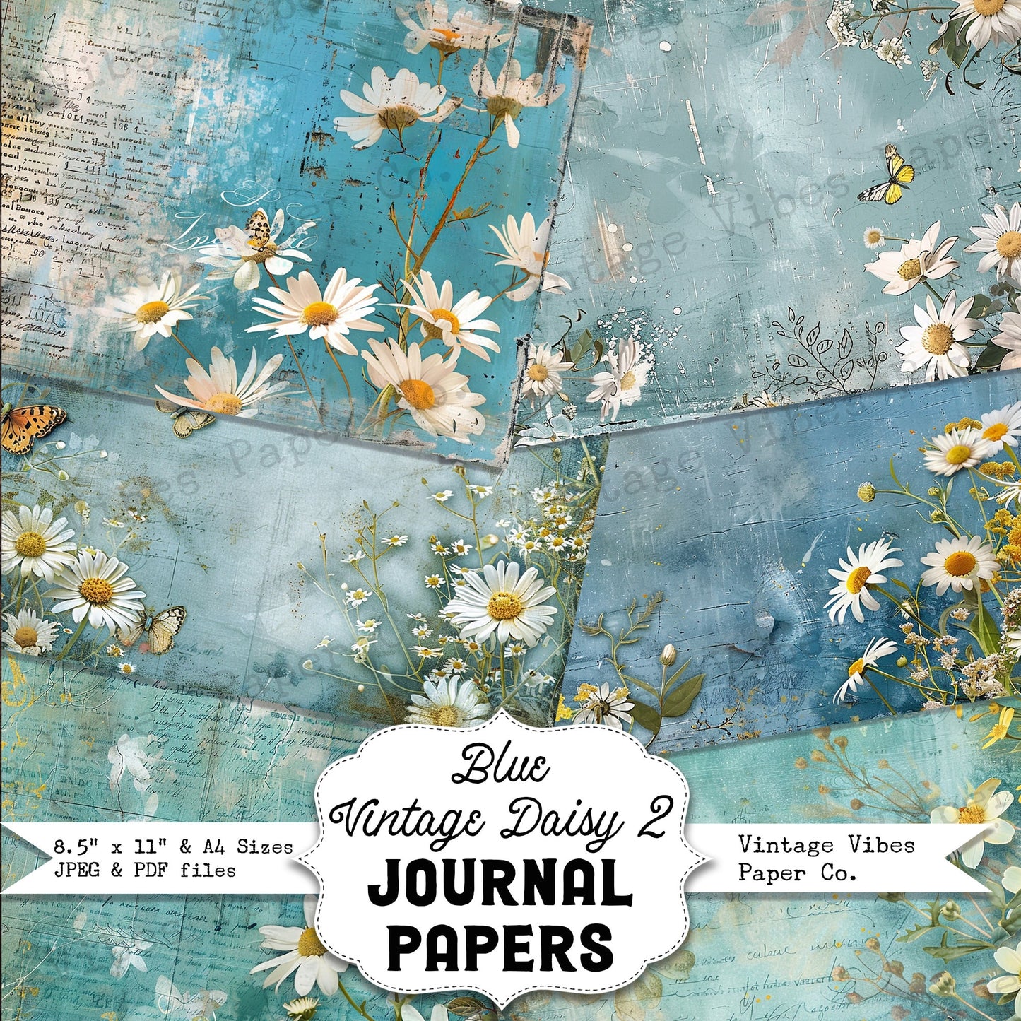 Blue Vintage Daisy 2 Junk journal digital printable papers, instant download grunge style blue floral themed journal pages, 10 page kit PDF