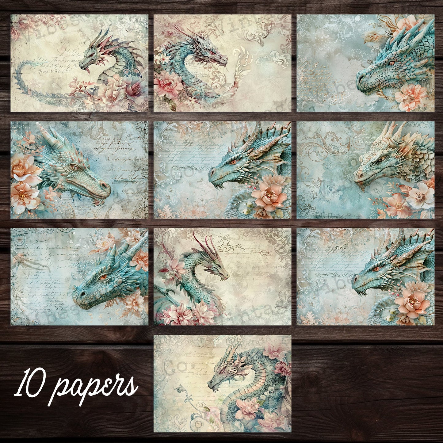 Vintage style dragon junk journal papers, instant download printable paper pack, blue and peach dragons, shabby vintage fantasy junk journal