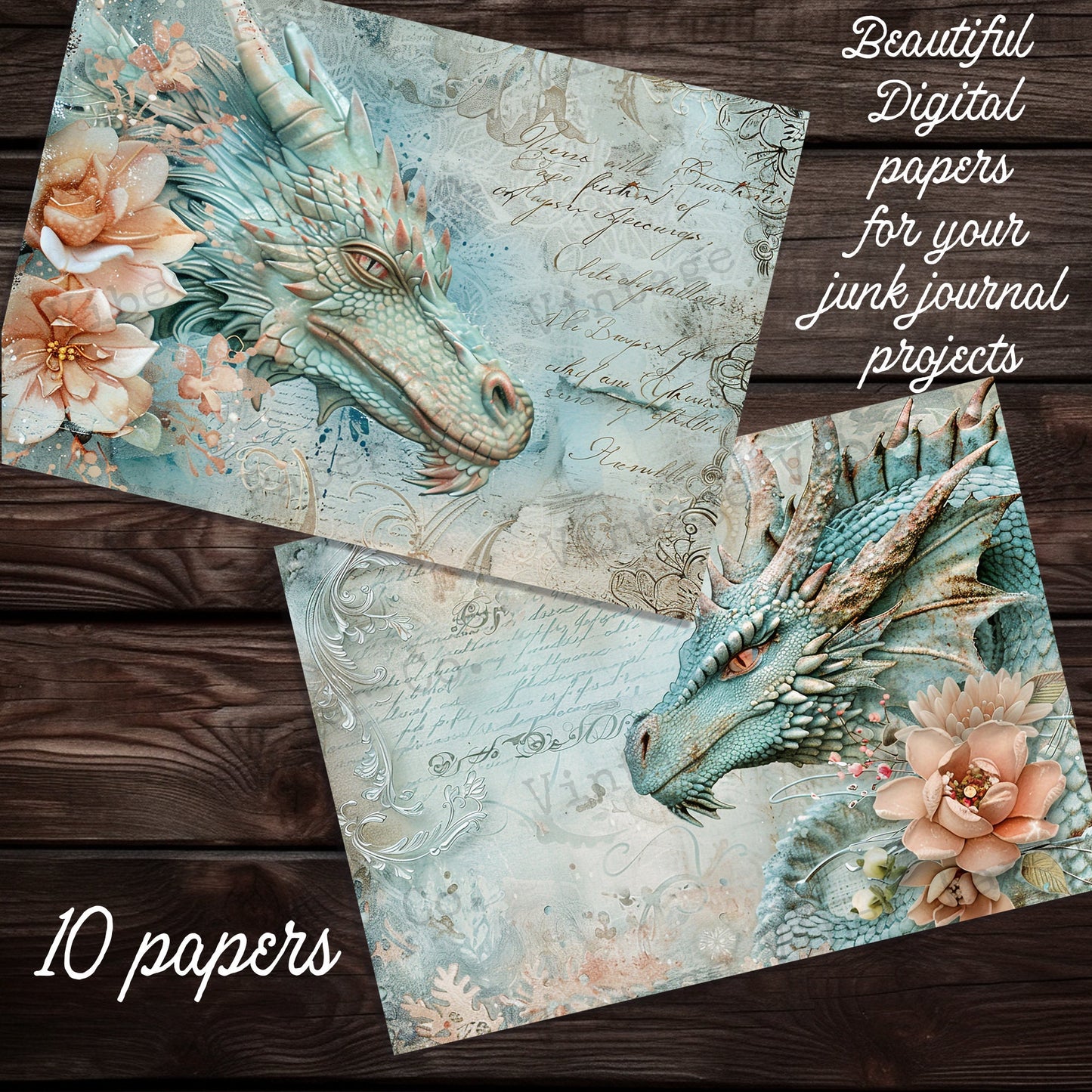 Vintage style dragon junk journal papers, instant download printable paper pack, blue and peach dragons, shabby vintage fantasy junk journal