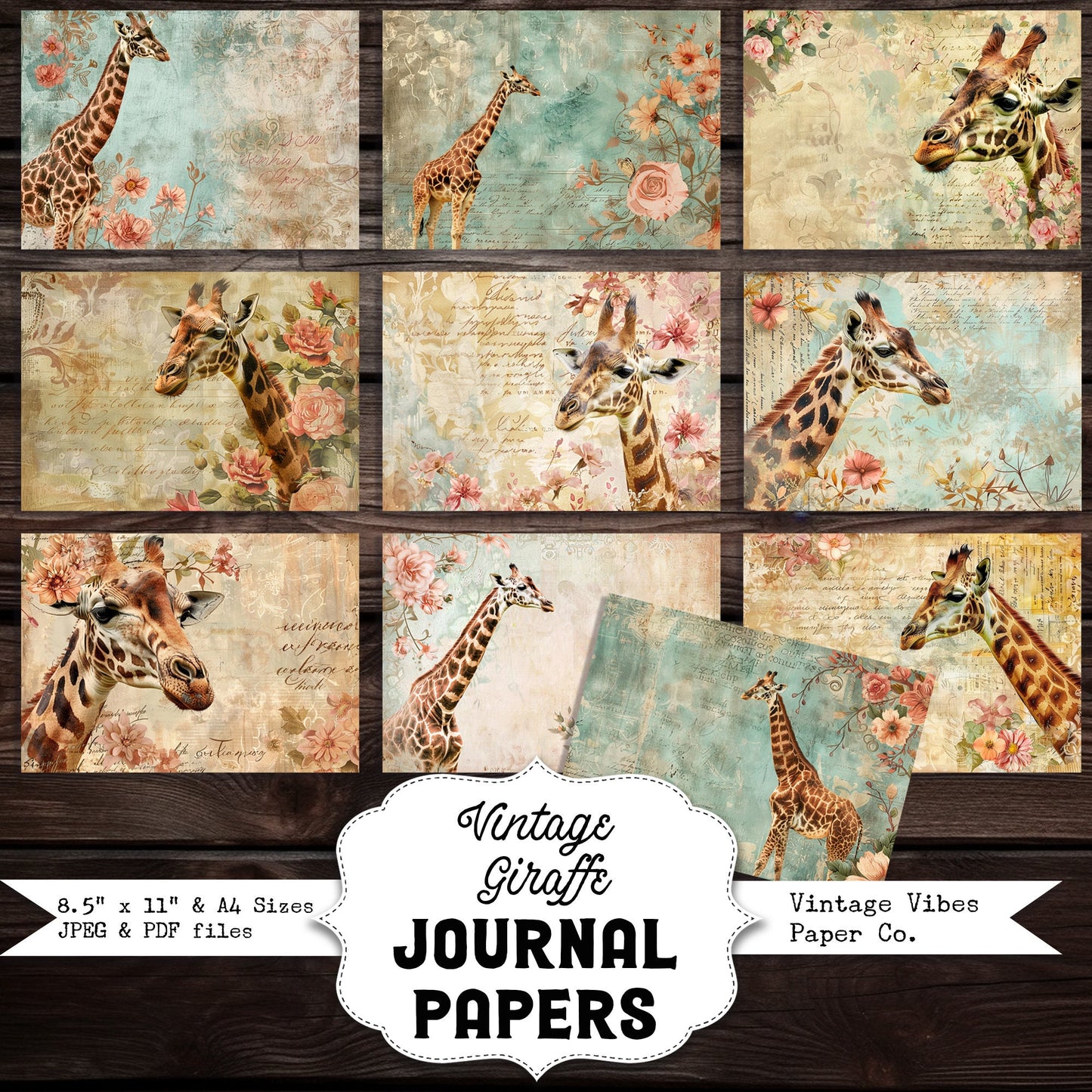 Vintage Giraffe print junk journal paper kit, 10 page digital download printable scrapbooking and junk journal pages, animal junk journal