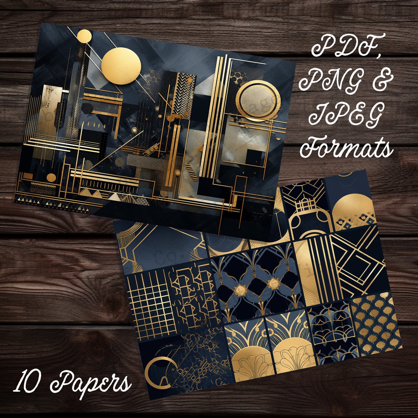 Vintage Navy & Gold Art deco style Junk journal digital papers, 1920's Vintage themed background papers for scrapbooking, collage and more