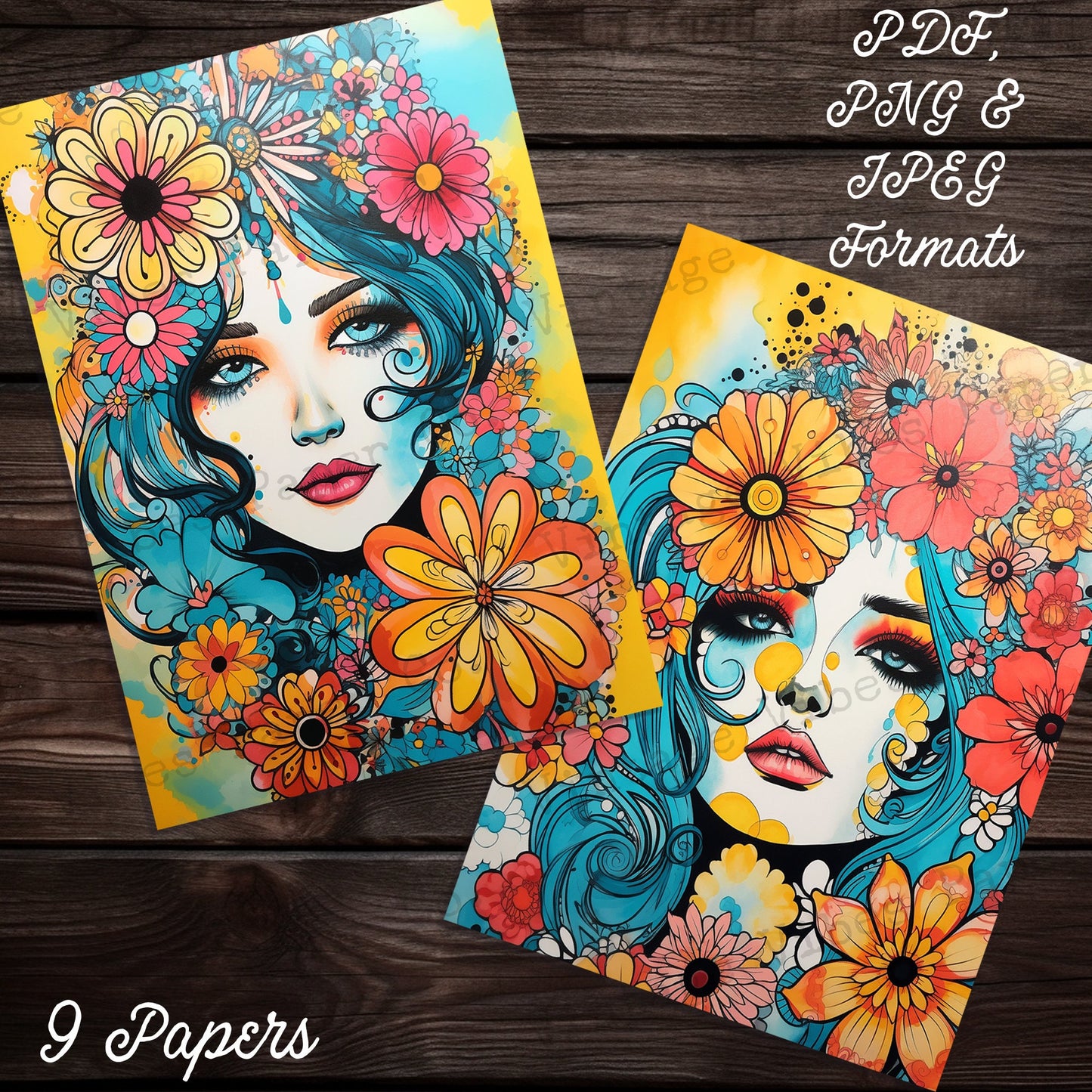 floral ladies retro 70's style floral art journal background papers, retro vintage junk journal flower print bright coloured junk journal