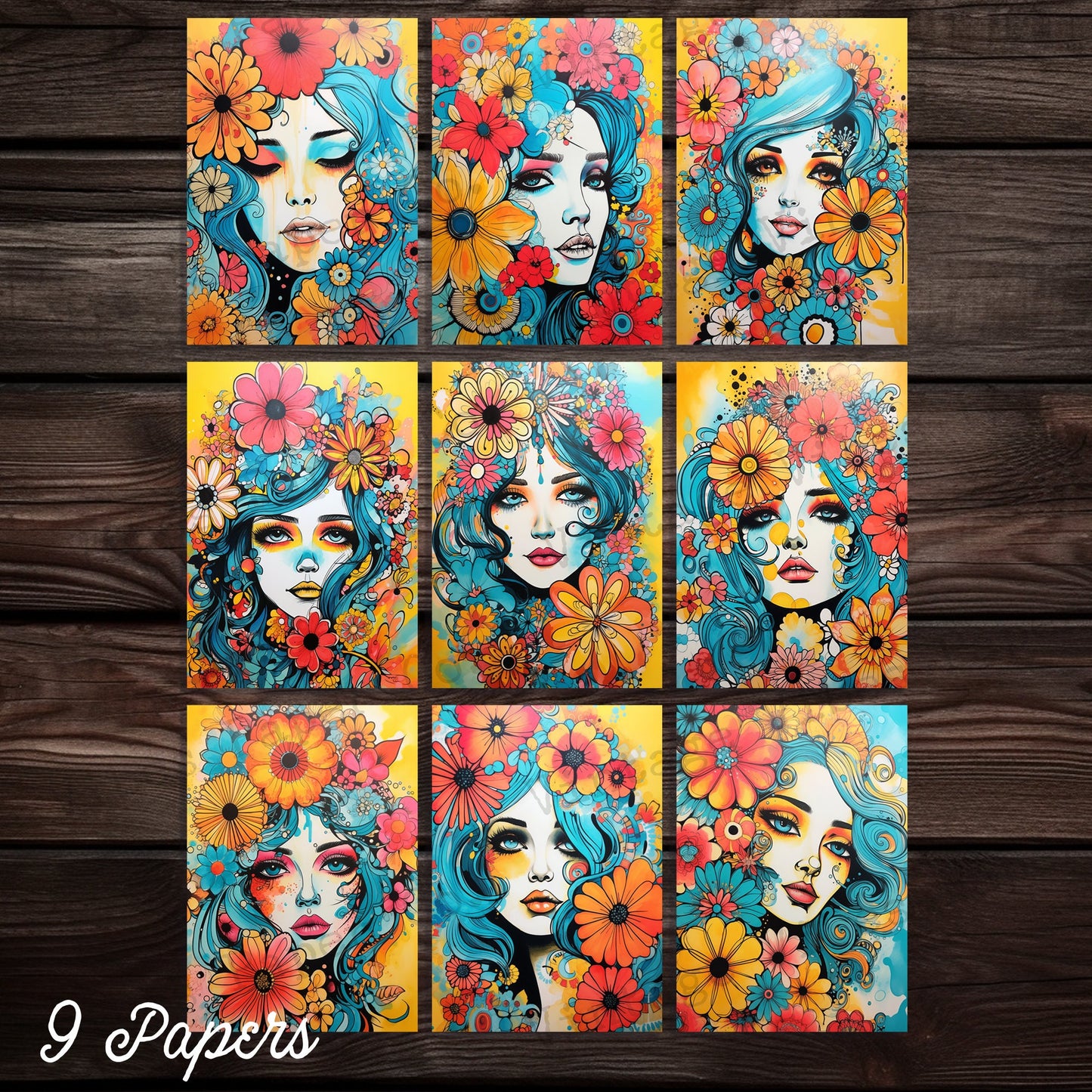 floral ladies retro 70's style floral art journal background papers, retro vintage junk journal flower print bright coloured junk journal