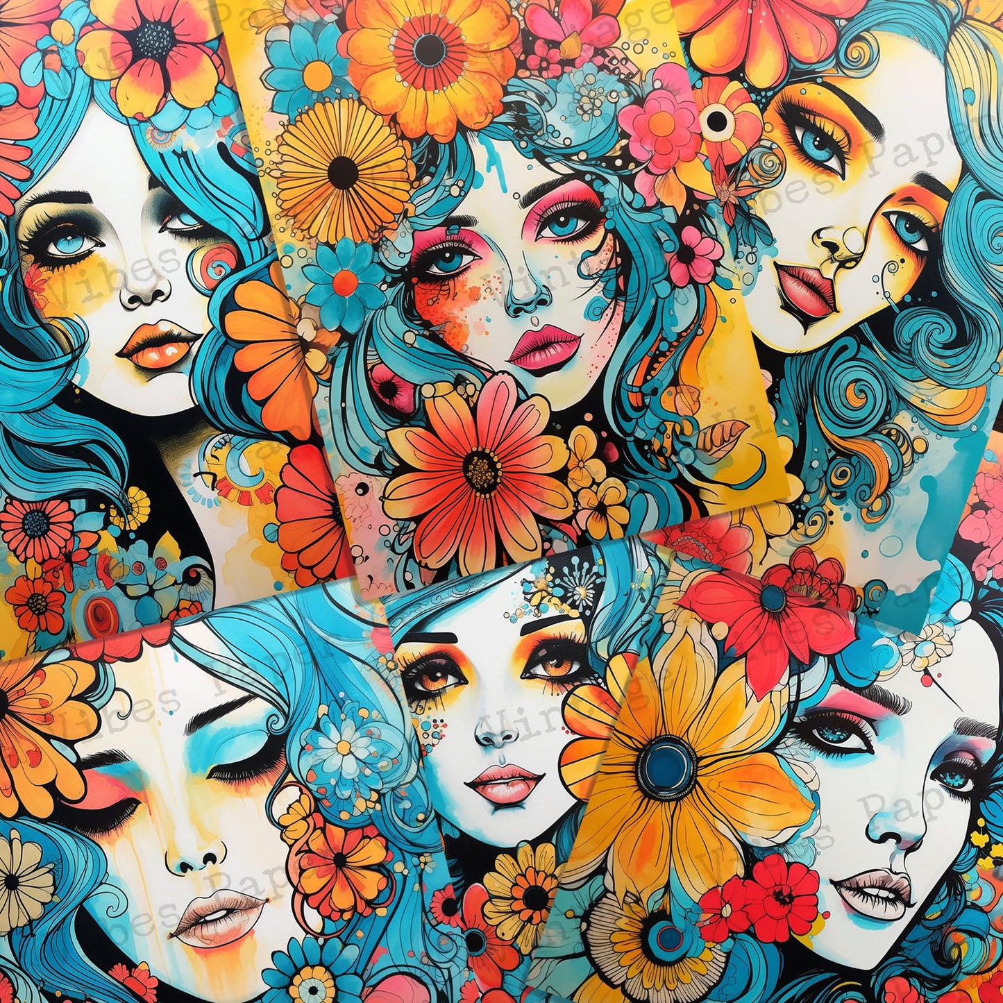 floral ladies retro 70's style floral art journal background papers, retro vintage junk journal flower print bright coloured junk journal