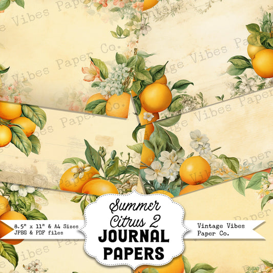 Vintage Summer Citrus Lemon floral Junk journal digital papers, Spring Vintage themed background papers for scrapbooking & card making