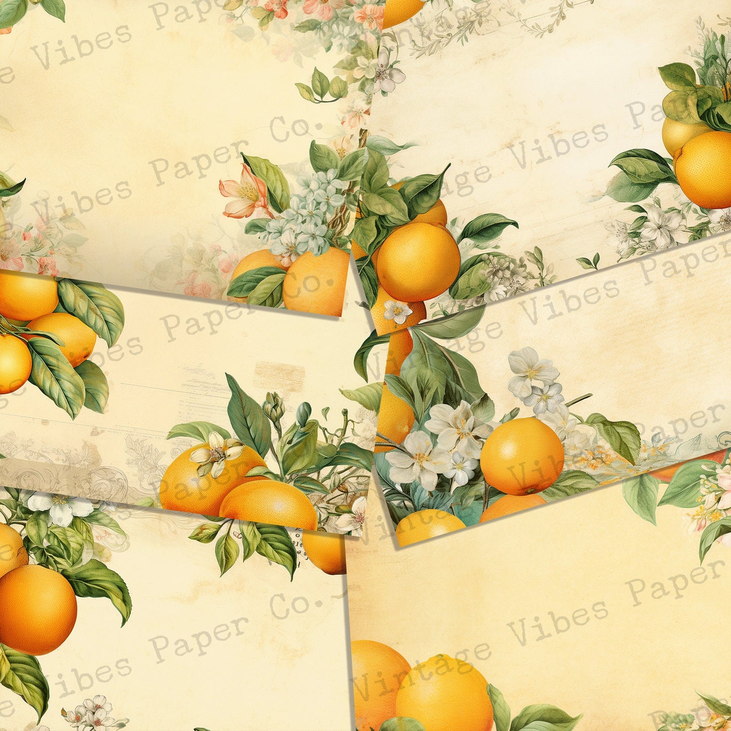 Vintage Summer Citrus Lemon floral Junk journal digital papers, Spring Vintage themed background papers for scrapbooking & card making