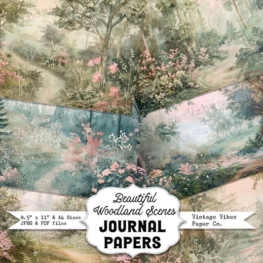 Beautiful Woodland scenes Junk journal digital papers, Vintage style pastel woodland background papers for scrapbooking, collage & more