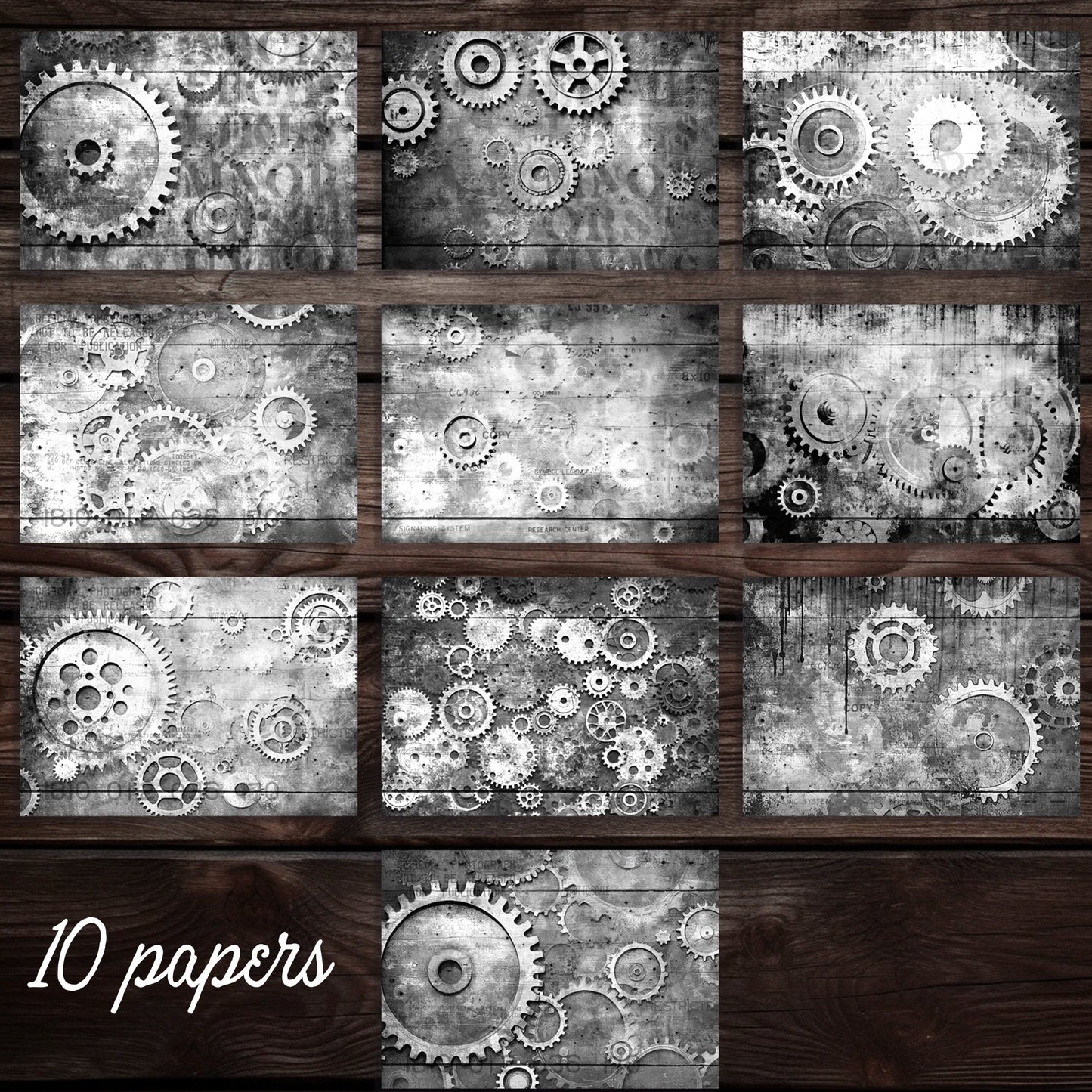 Black & white steampunk grunge cogs junk journal printable papers, ink saver pages, monotone grungy collage background papers, scrapbooking