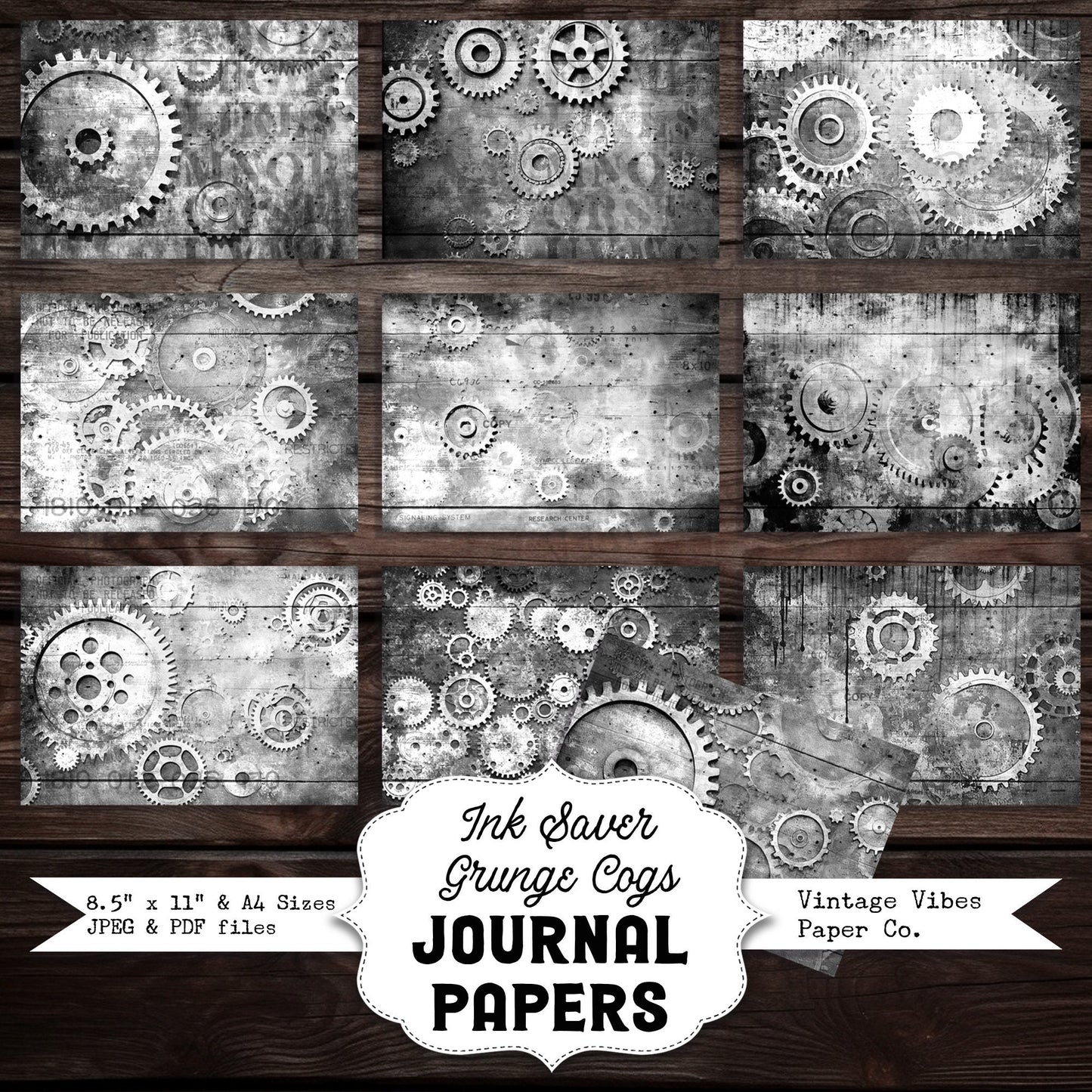 Black & white steampunk grunge cogs junk journal printable papers, ink saver pages, monotone grungy collage background papers, scrapbooking