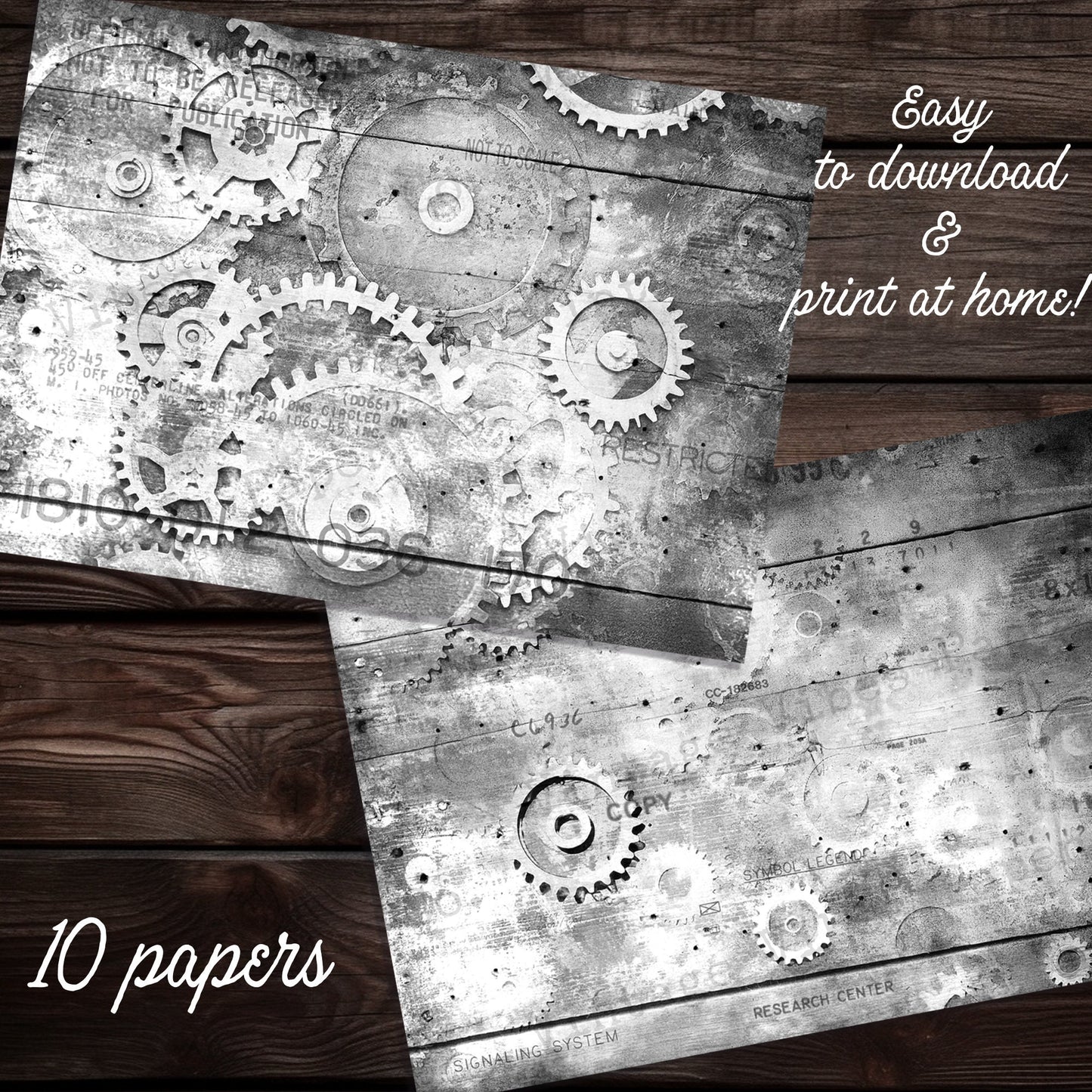 Black & white steampunk grunge cogs junk journal printable papers, ink saver pages, monotone grungy collage background papers, scrapbooking