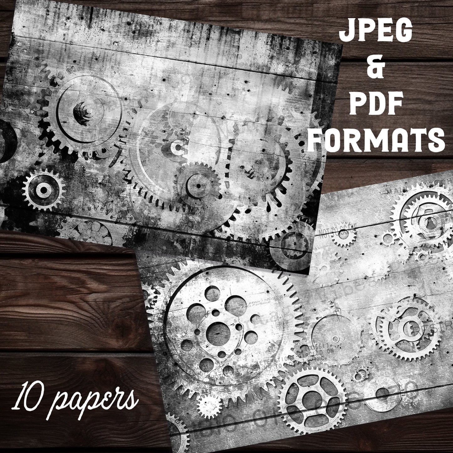 Black & white steampunk grunge cogs junk journal printable papers, ink saver pages, monotone grungy collage background papers, scrapbooking